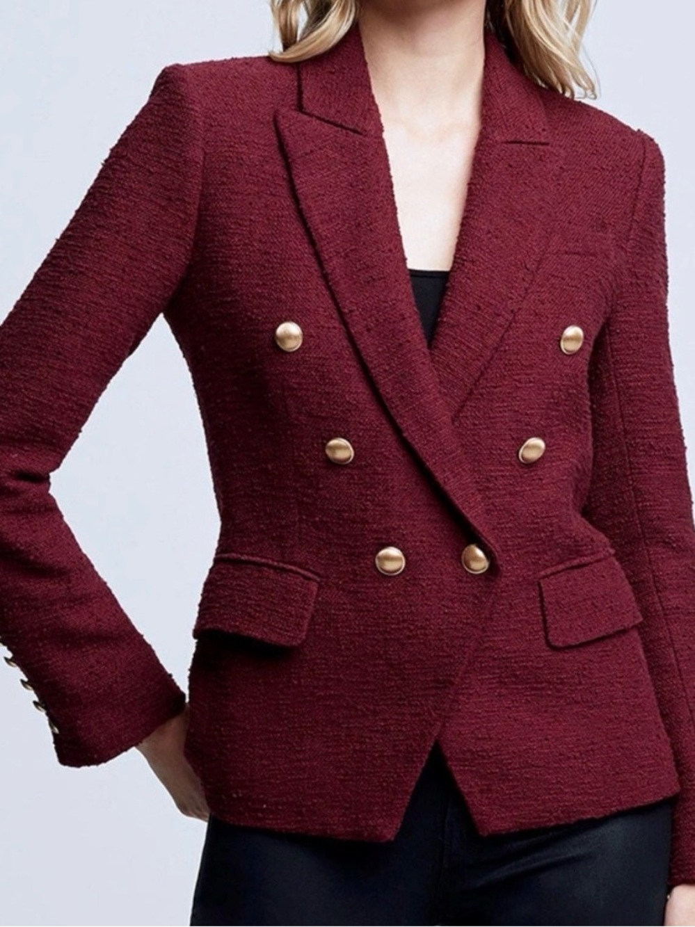 L’AGENCE Kenzie Tweed Blazer Size 4 Burgundy Dark Wind Double Breasted